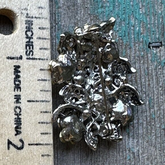 VTG Brooch Pin 1 3/8" AB Rhinestones Blooming Flower Cluster Rhodium Plated MCM - Picture 5 of 5